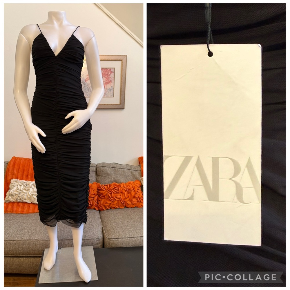 NWT ZARA Black Draped Tulle Midi Bodycon Dress